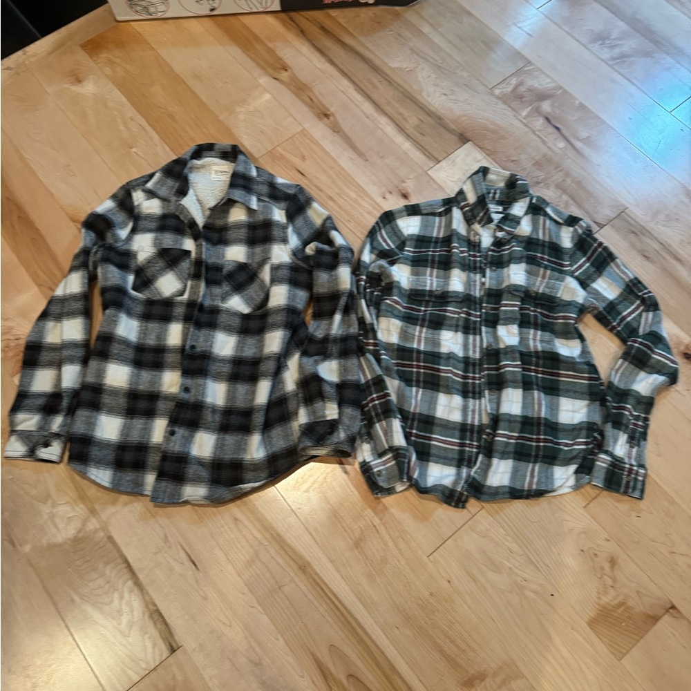 Two flannels. American Eagle green red and White and fleece lined shacket size m